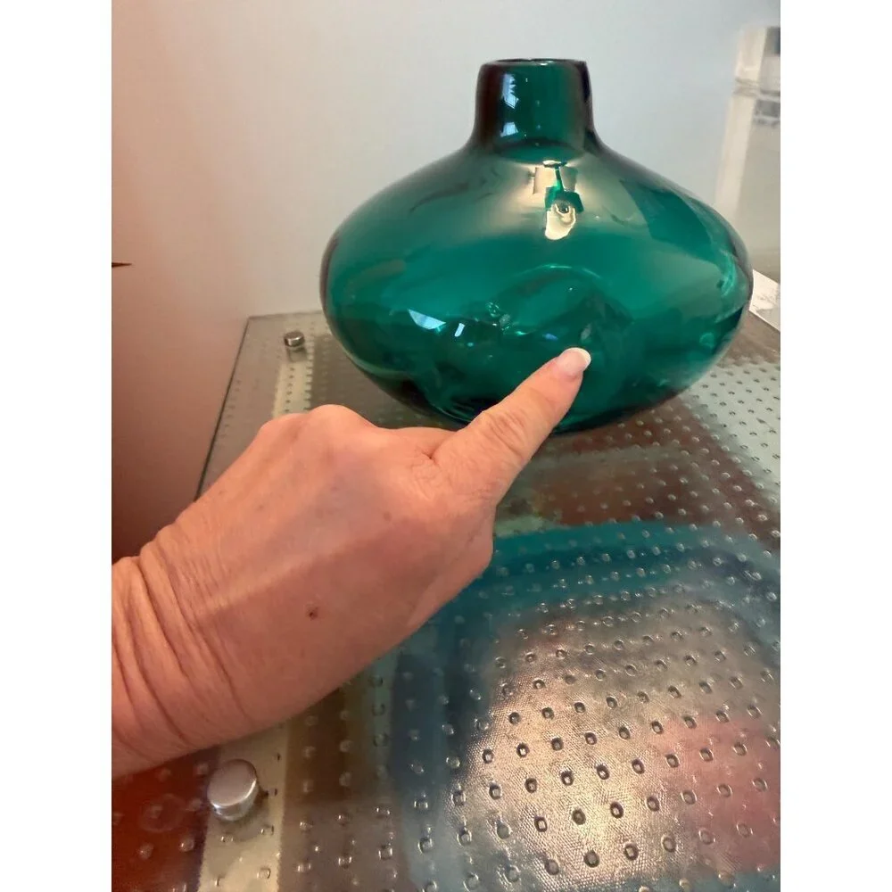 Hand Blown Mid-century Modern Art Heavy  Glass Pinched Vase Green Collectible